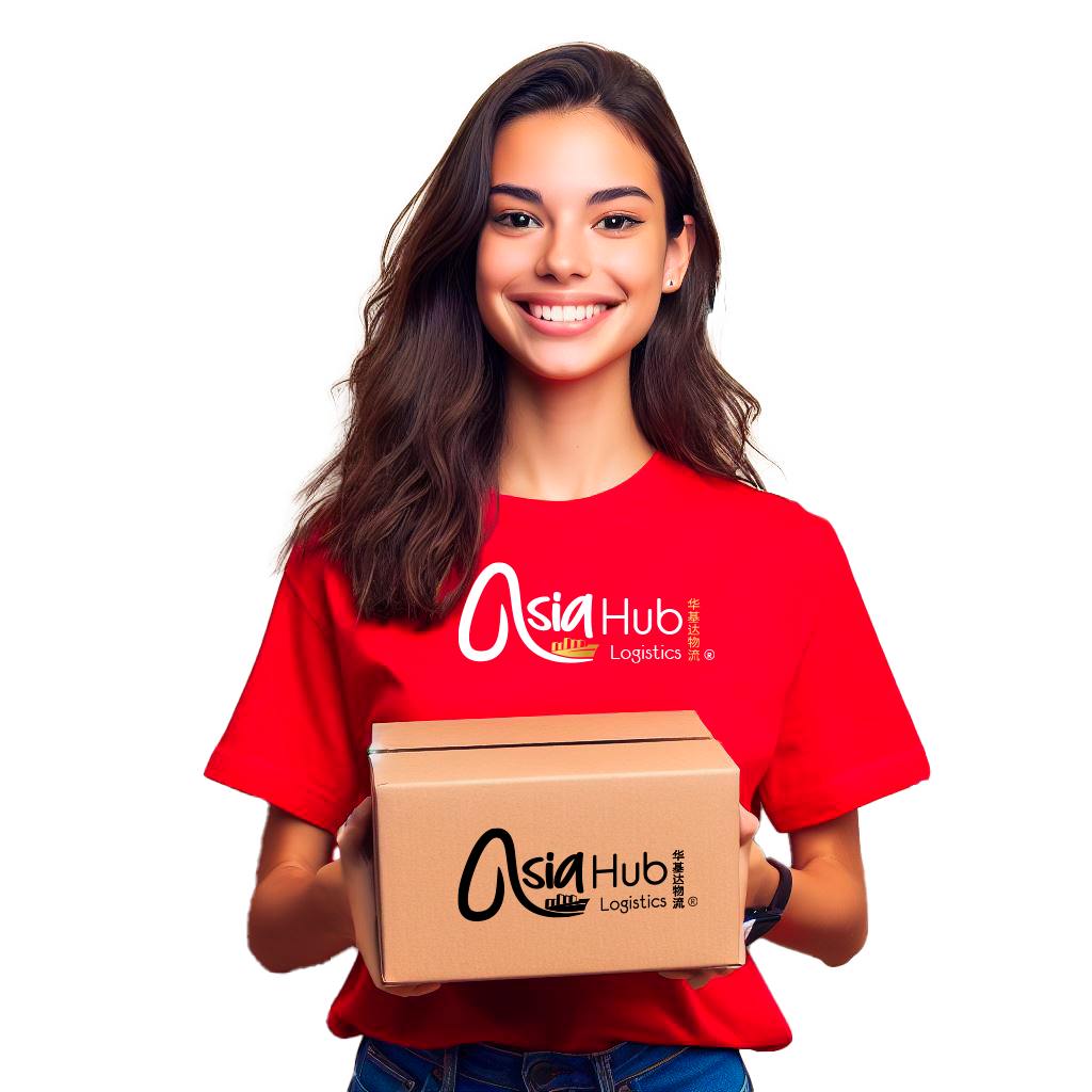 Joven mujer con una camisa de Asia Hub  Logistic entregando una caja de Asia Hub Logistics