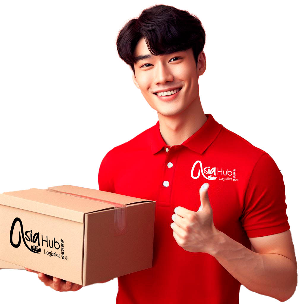 Joven hombre con una camisa de Asia Hub  Logistic sosteniendo una caja de Asia Hub Logistics